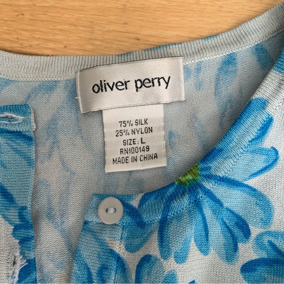 Oliver Perry Blue Floral Silk Cardigan Sweater L - Picture 3 of 5